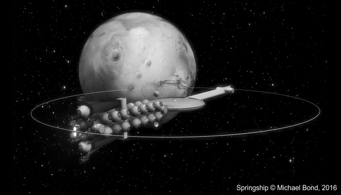 Interplanetary spacecraft, the SpringShip approaching Mars.
